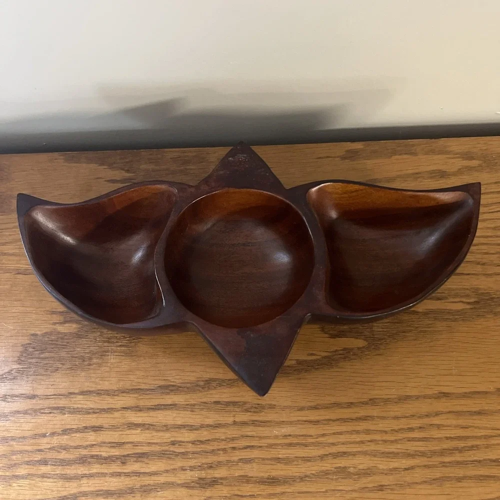 Vintage Solid Wood Bowl Divided Nut Dish Coin Tray Geometric MCM Rare Shape